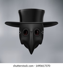 Plague Doctor Head Profile, with Bird Mask and Hat. Medieval Death Symbol on Gray Background. For Web, Poster, Info Graphic svg