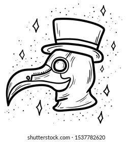 Plague doctor head profile, with bird mask and hat. Vintage engraving style drawing, black and white vector illustration.