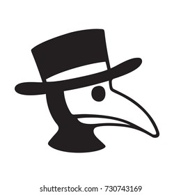 Plague doctor head profile icon or logo. Simple black and white vector illustration of character in bird mask and hat.