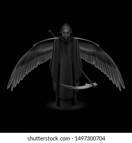 Plague Doctor with Huge Wings Over Black Background. Medieval Death Symbol Plague Doctor Mask Isolated on Black Background for Web, Poster, Info Graphic