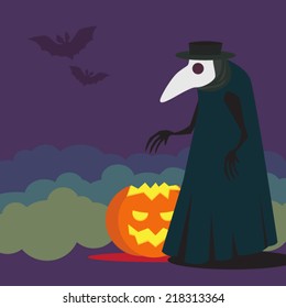 Plague doctor in mask with halloween pumpkin and bats