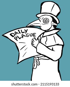 Plague doctor with a mask and hat reading a newspaper. Black and white vector illustration.