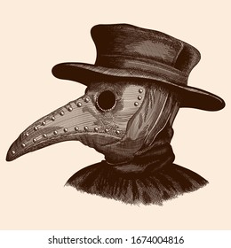 A plague doctor in a mask with a long beak and hat. Vector image stylized as engraving. svg