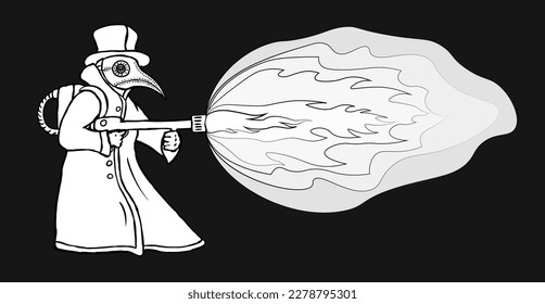 A plague doctor in a mask, raincoat and hat with a flame-throwing flamethrower in his hands. Black and white vector illustration.