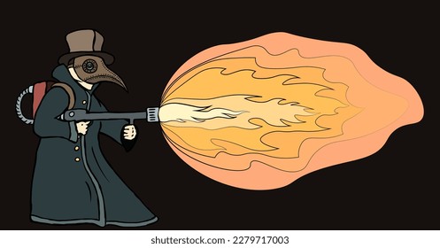 A plague doctor in a mask, raincoat and hat with a flame-throwing flamethrower in his hands.