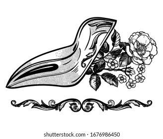 Plague doctor mask with wild rose. Vector tattoo. Medieval gothic venetian mask.