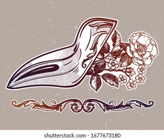 Plague doctor mask with wild rose. Vector tattoo. Medieval gothic venetian mask.