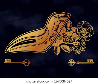 Plague doctor mask with wild rose. Vector tattoo. Medieval gothic venetian mask.