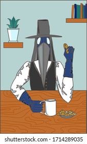Plague doctor picture with a medieval character drinking tea with cookies.