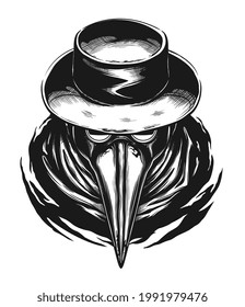 Plague Doctor Portrait Digital Vector Ink Illustration. 