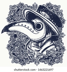 Plague doctor portrait. Vector tattoo. Medieval gothic venetian mask 