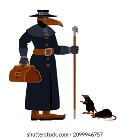 A plague doctor in a protective suit with a leather travel bag, walking stick and rats. A medieval character. Color vector illustration isolated on a white background in a cartoon and flat design. svg