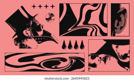 Silhueta de médico da peste com chapéu, ondas abstratas, lágrimas e elementos faciais em uma composição brutalista de corais ousados. Conceito de imagens visuais surreais de marca com tema escuro