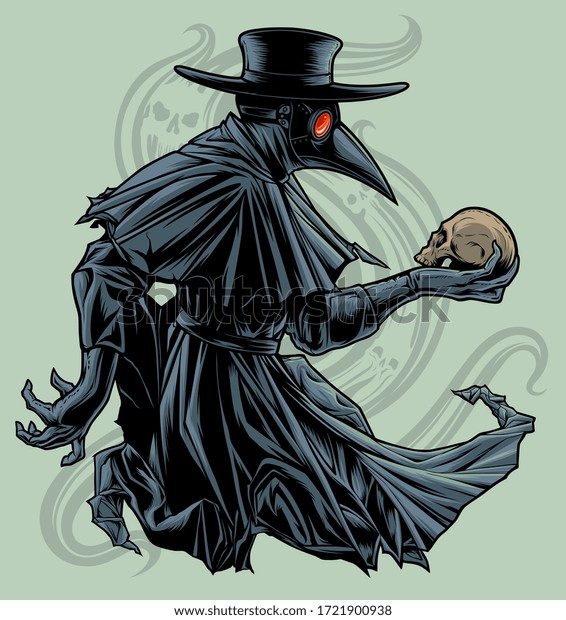 Plague doctor with skull. Vectorized ink drawing of plague doctor with human skull. 