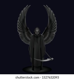 Plague Doctor with Two Wings Up Over. Medieval Death Symbol Plague Doctor Mask Isolated on Black Background for Web, Poster, Info Graphic