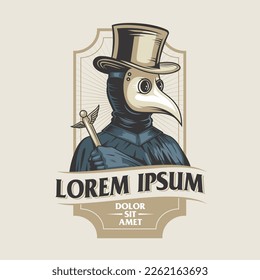 Plague Doctor vector illustration insignia. holding the Staff of Hermes, the caduceus.