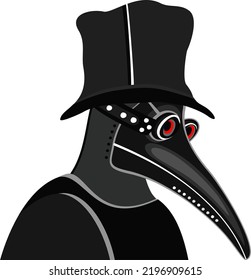 Plague doctor. Vector isolated illustration. Black and white. Red eyes, black hat and plague mask.