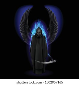 Plague Doctor with Wings and Blue Flame on Black. Medieval Death Symbol Plague Doctor Mask for Web, Poster, Info Graphic