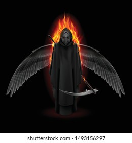 Plague Doctor with Wings and Orange Flame. Medieval Death Symbol Plague Doctor Mask for Web, Poster, Info Graphic