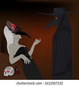 the plague doctor and woman gothic vector illustration in venice mask`s