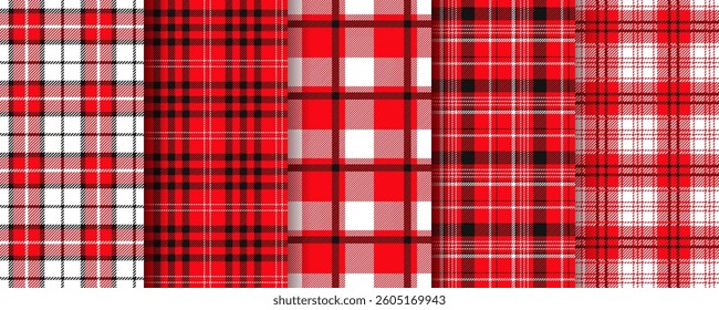 Plaid background. Check seamless pattern. Red black texture. Set checkered gingham prints. Vichy kitchen tablecloth. Table cloth tartan backdrops. Picnic retro textile wallpaper. Vector illustration.