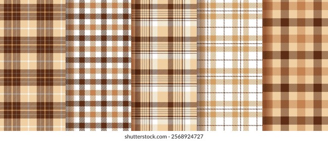 Plaid background. Tartan seamless pattern. Flannel beige brown texture. Lumberjack tablecloth. Set gingham fabrics. Vichy table cloth prints. Shirt textile. Christmas check cloth. Vector illustration