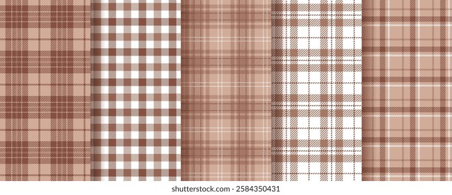 Plaid background. Tartan seamless pattern. Flannel brown textures. Set lumberjack prints. Shirt textile. Check cloth in Mocha Mousse color. Vichy fabrics. Gingham tablecloth. Vector illustration