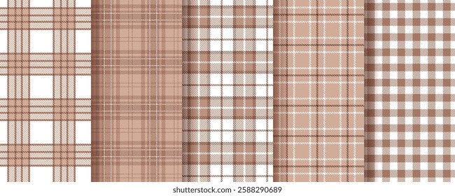 Plaid background. Tartan seamless pattern. Flannel beige brown texture. Lumberjack check tablecloth. Gingham fabrics. Shirt textile. Vichy cloth prints. Buffalo abstract design. Vector illustration