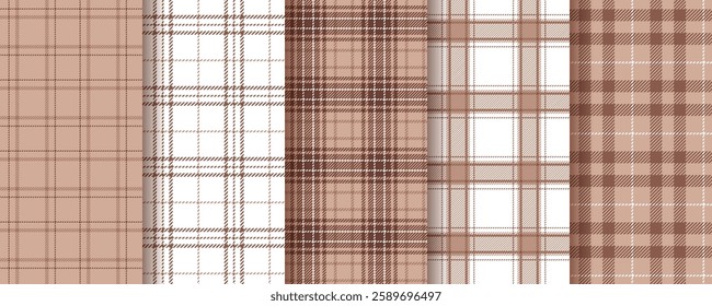 Plaid background. Tartan seamless pattern. Flannel brown texture. Lumberjack print. Check cloth in Mocha Mousse color. Set gingham fabric. Shirt textile. Vichy abstract tablecloth. Vector illustration