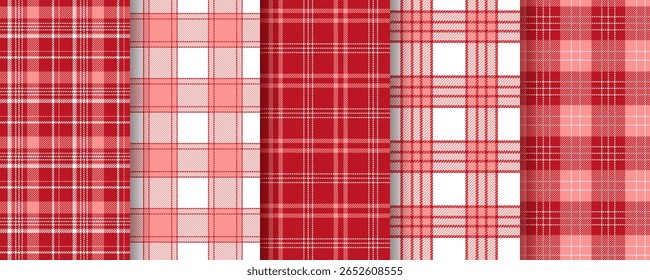 Fundo reproduzido. Tartan padrão sem emenda. Verifique as impressões rosas vermelhas. Camisa de flanela têxtil. Definir tecidos de gingham. Textura de Vichy. Fundo de tecido lenhador. Tecido xadrez de búfalo. Ilustração vetorial