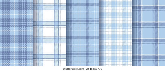 Plaid background. Tartan seamless patterns. Set lumberjack prints. Flannel blue textures. Checkered cloth. Vichy baby boy fabrics. Shirt textile. Gingham check tablecloth. Vector illustration