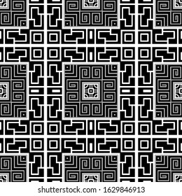 Plaid black and white elegant greek vector seamless pattern. Ornamental geometric ethnic tartan background. Monochrome abstract checkered backdrop. Geometric modern ornate greek key meander ornaments.