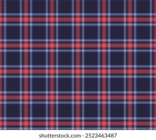 Plaid, blue, red, white, elegant, seamless, distinctive fabric pattern for textiles, and for designing clothes, skirts, pants or decorative fabrics. Vector illustration.