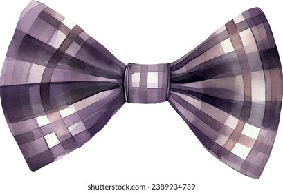 Plaid bow in deep purple color, watercolor vector illustration and christmas element. Template for gift decoration, greeting cards, invitation, wedding card, save the date, celebration, anniversary.