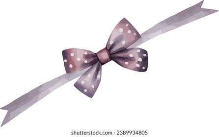 Plaid bow in deep purple color, on the purple ribbon, watercolor vector illustration and christmas element. Template for gift decoration, greeting cards, invitation, wedding card, save the date.