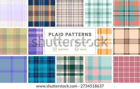 Plaid bundle for scrapbooking marketing kits. Multiple tartan styles support planner pages, digital sets, and printable DIY projects. Vector files remain editable.