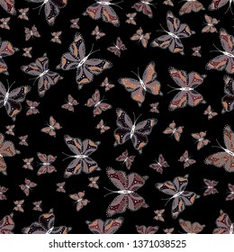 Plaid butterfly for textile print. Scribble, sketch, doodle. Vector illustration. Illustration on brown, black and gray colors. Seamless pattern.