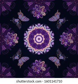 Plaid butterfly for textile print. Scribble, sketch, doodle. Vector illustration. Illustration on black, purple and violet colors. Seamless pattern.