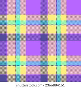 Plaid check background of fabric pattern textile with a texture vector seamless tartan in violet and yellow colors.