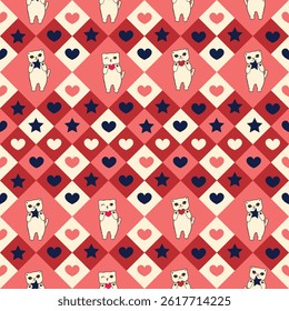 Plaid check heart pattern with cute cats. Seamless fabric design pattern2