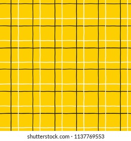 Plaid, check, mesh, square vector seamless repeat pattern. Chequered geometrical trellis, lattice texture. Hand drawn uneven crossing doodle style stripes, pinstripes, lines on yellow background. 