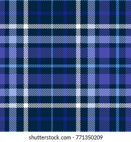 Plaid check patten. Checkered fabric print in shades of blue, indigo, violet and white. Seamless vector texture.