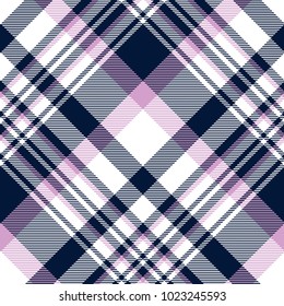 Plaid check patten in navy blue, orchid violet and white. Seamless fabric texture print. 