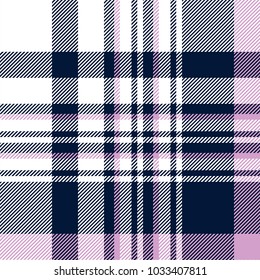 Plaid check patten in navy blue, violet and white. Seamless fabric texture print. 