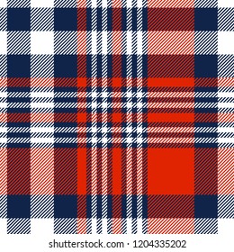 Plaid Check Patten In Red, White And Blue. Seamless Fabric Texture Print. 