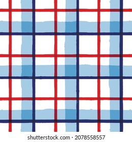 Plaid check patten. Seamless vector tartan texture print. dark navy, blue, red and white watercolor stripes, checkered male graphic background.