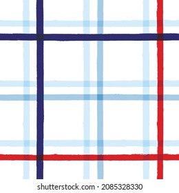 Plaid check patten. Seamless vector tartan texture print. dark navy, blue, red and white watercolor stripes, checkered male graphic background.