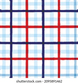 Plaid check patten. Seamless vector tartan texture print. dark navy, blue, red and white watercolor stripes, checkered male graphic background.