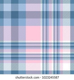 Plaid check patten in shades of pastel blue, pink and white. Seamless fabric texture print. 