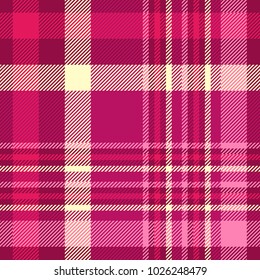 Plaid check patten in shades of pink, maroon and cream. Seamless fabric texture print. 